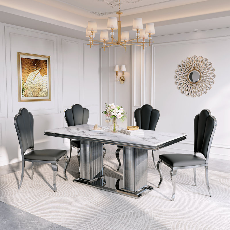 Marble Dining Table For 4 People, 70.08'' Rectangle Faux Marble Dining Table With Mirrored Finish Metal Base For Kitchen, Living Room
