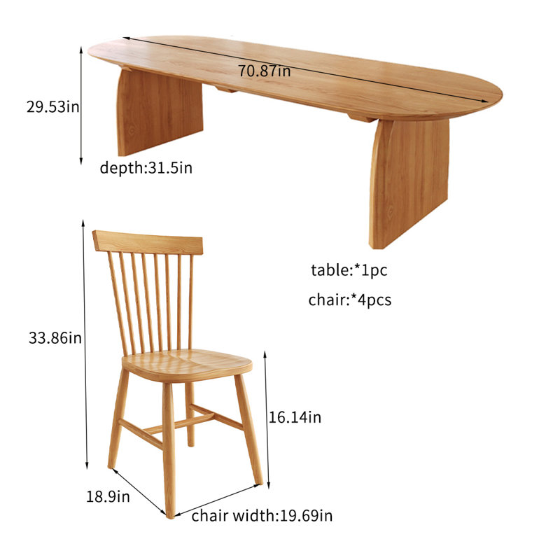 Ensemble de table de salle à manger simple en bois massif Wabi-sabi., H 29,53 po x L 70,87 po x l 31,5 po