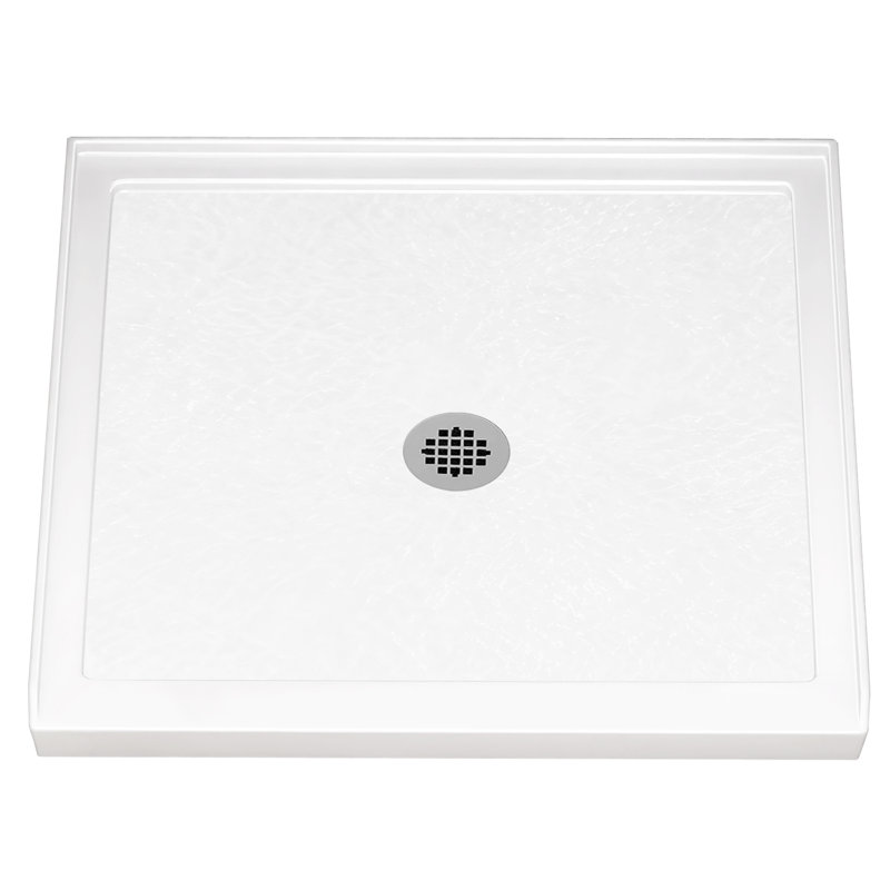 Base de douche à seuil simple L 30 po x l 30 po avec bonde centrale, bac à douche en acrylique renforcé de fibre de verre, plateau de douche blanc brillant avec ensemble de bonde, base de douche à bride à carreaux à 3 côtés intégrée pour installation en alcôve à 3 murs