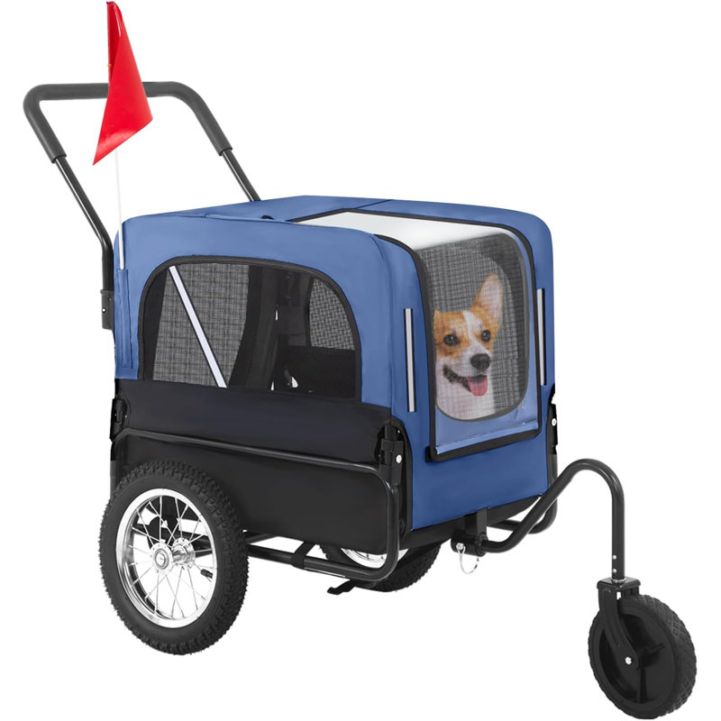 Blue 2-in-1 Dog Stroller and Bike Trailer with Mesh Windows
