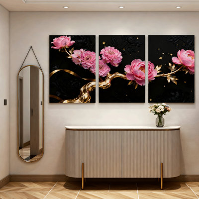 Tableau sur toile tendue à motif pivoine rose et vigne dorée, motif floral élégant (paquet de 3)