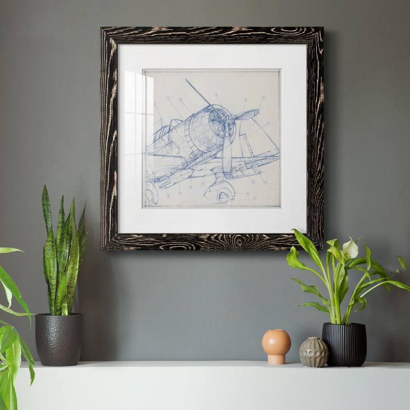 Croquis mécanique d'avion I-Premium, reproduction encadrée - prêt à être accroché, H 35,5 po x l 35,5 po x P 1,5 po, Blanc