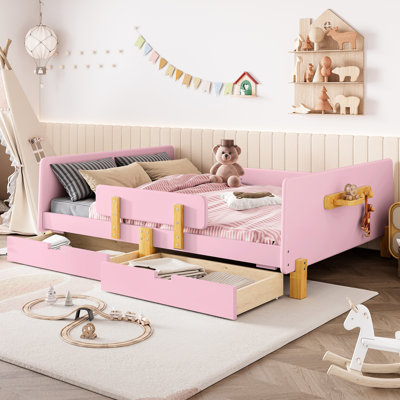 Lit plateforme double pleine grandeur avec rangement de tiroir, structure en bois de pin, garde et crochets pour la disposition fonctionnelle de la chambre à coucher - bien organisé
