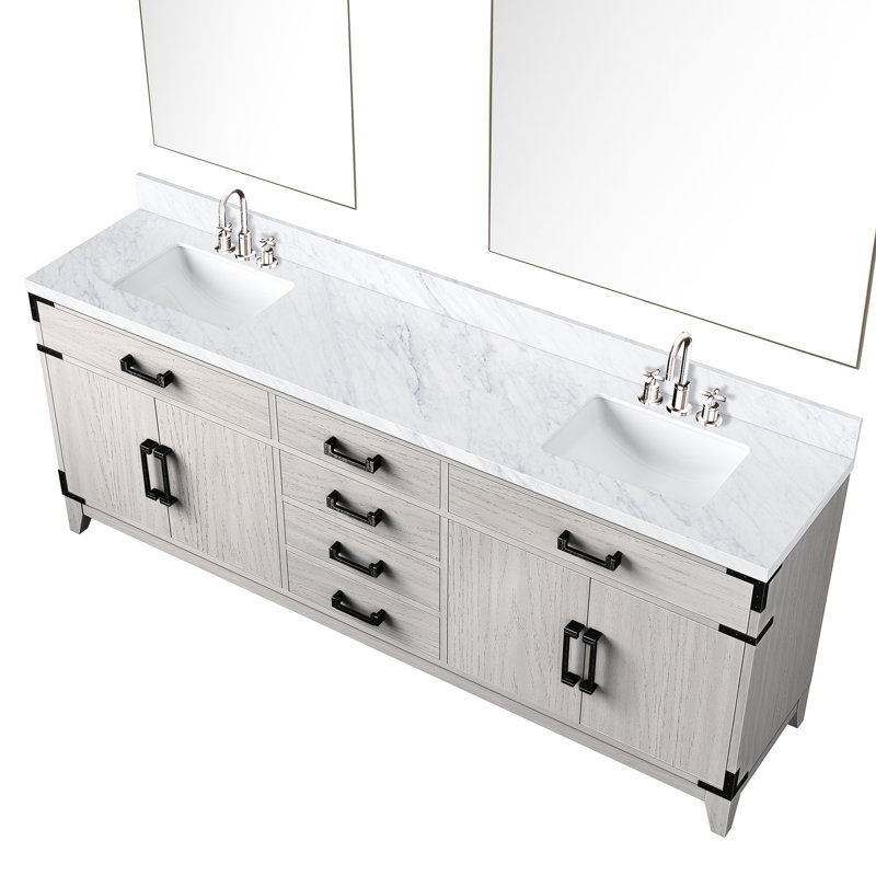 80 po Meuble-lavabo double en chêne blanc X 22, comptoir ravissant en marbre, robinet et 36 miroirs - salle de bain ravissante