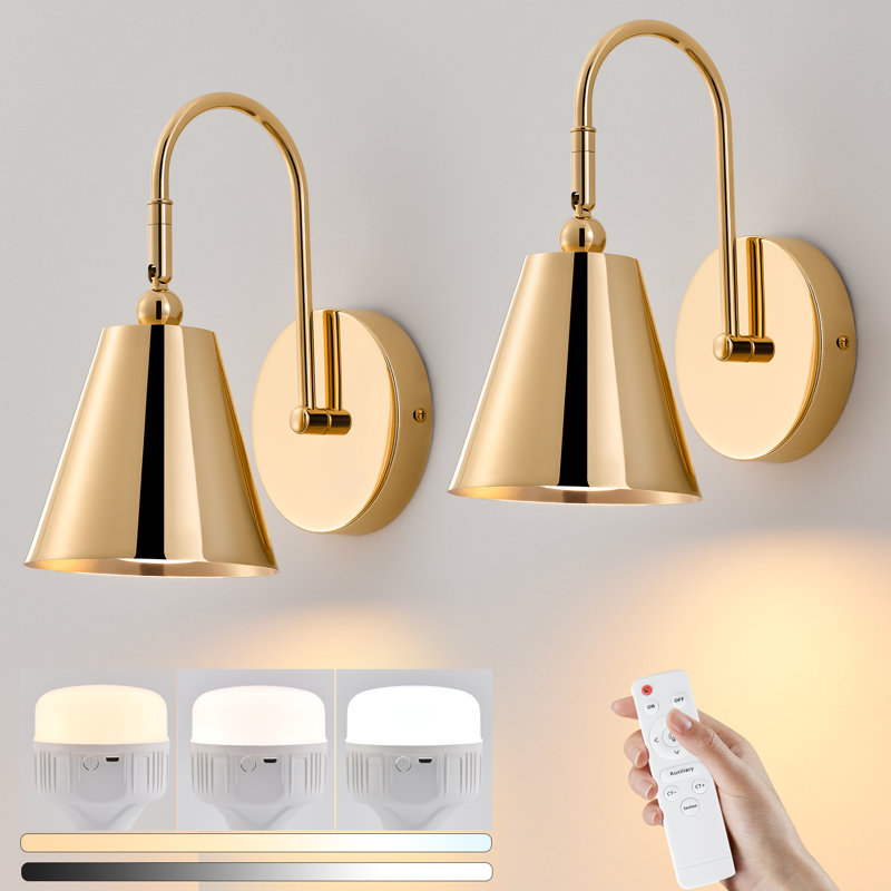 Cordless Rechargeable Battery Operated Swing Armed Wall Sconce With Remote Control Set Of 2 Gold, Gold