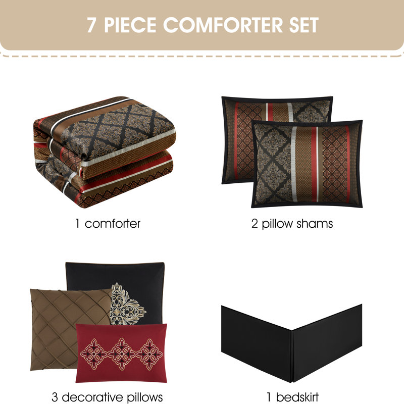Red and Brown Microfiber Queen Comforter Set with Decorative Pillows