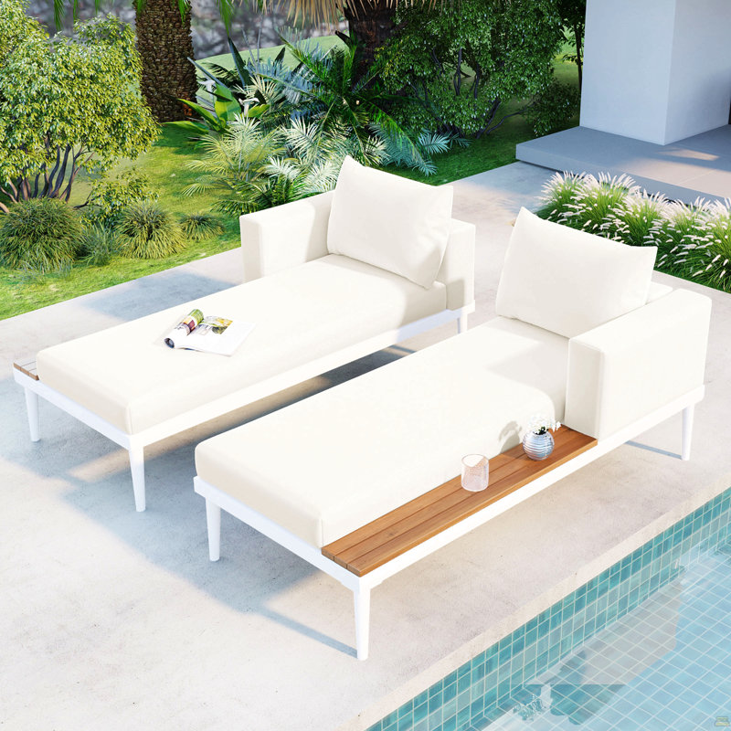 Lit de jour d'extérieur en métal pour patio avec espaces latéraux en bois, Beige, Beige