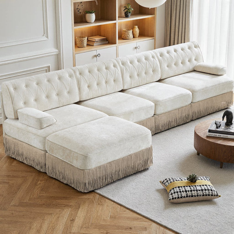 135" L-Shaped Pet-Friendly Velvet Sectional Sofa with Ottoman, Chesterfield Style Button Tufting & Tassel Skirt, 4-Seater Modular Couch with Curved Arms for Living Room, Bedroom