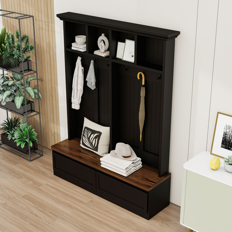 4-in-1 Farmhouse Hall Tree with Bench, Coat Rack, 2 Drawers, 6 Hooks and Open Shelves for Entryway, Black