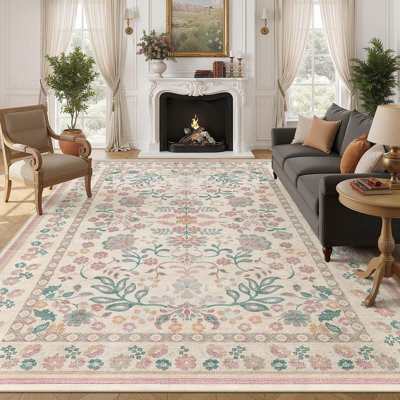 Washable Floral Boho Area Rug Modern with Non-Slip Backing for Living Room Bedroom-Pink