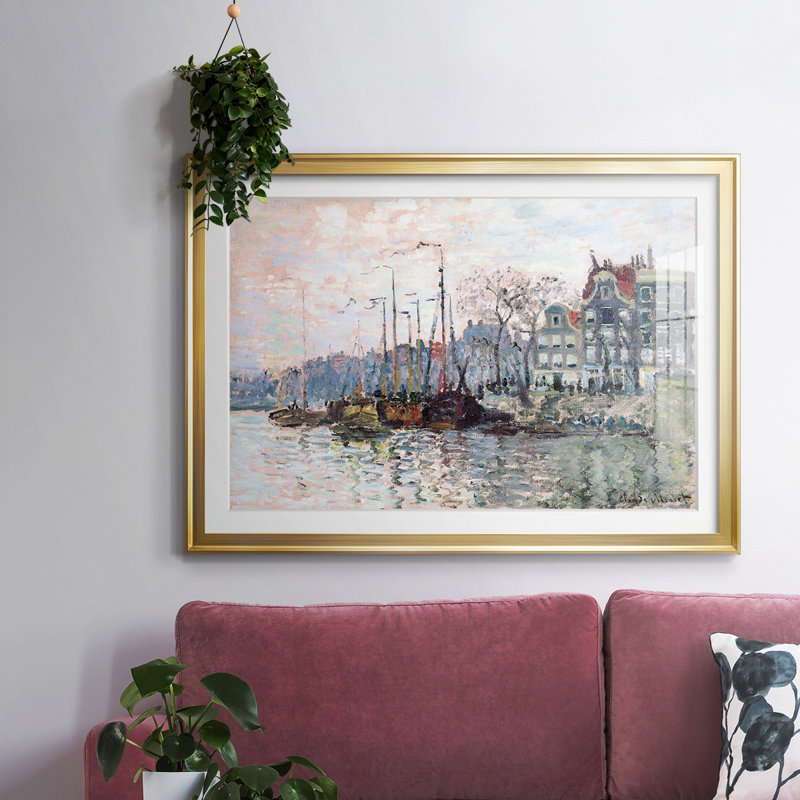 Vue du Kromme Waal à Amsterdam - Tableau sous verre avec passe-partout et encadré, grand format, pour salon, Or