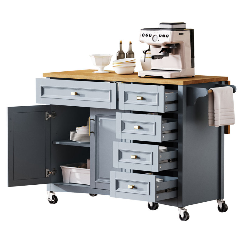 Îlot de cuisine de 52 po avec abattant, îlot de cuisine à texture en relief sur roulettes avec support à épices, porte-serviettes, 2 portes et 5 tiroirs, chariot de rangement de cuisine avec tablette réglable pour la cuisine