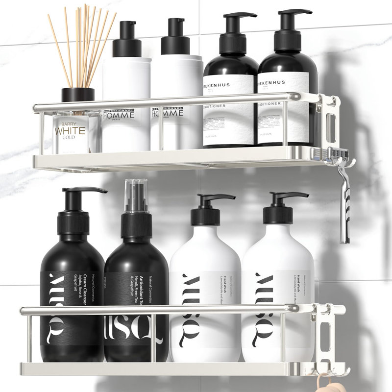 Adhésif pour chariot de douche, organisateurs de douche de salle de bain sans perceuse, avec crochets amovibles, tablettes de douche antirouille, support de douche mural, paquet de 2, argent