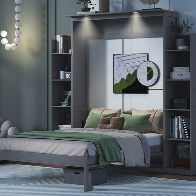 Lit escamotable double avec tablettes et lumières DEL, peu encombrant et multifonctionnel pour la vie moderne, Gris