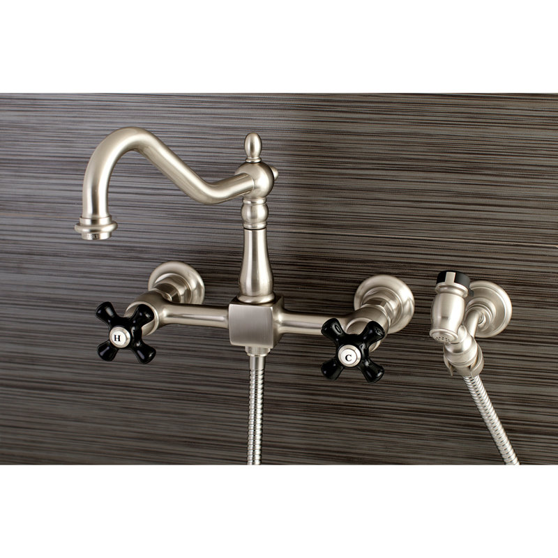 Kingston Brass Duchess Double-Handle 3-Hole Wall-Mount Bridge Kitchen Faucet with Brass Sprayer, Brushed Nickel
