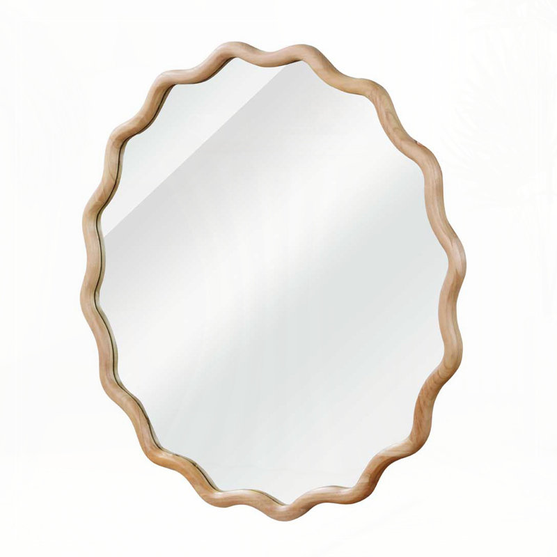 Wavy Round Solid Wood Frame Decorative Mirror,For Bedroom, Bathroom, Living Room, Entryway, 36" x 36", Natural Wood