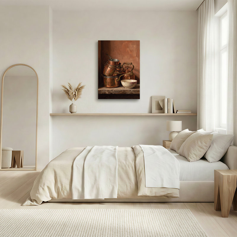 «Rustic Copper Pots and Kettle with Cracked Bowl», art mural sur toile, H 48 po x l 32 po