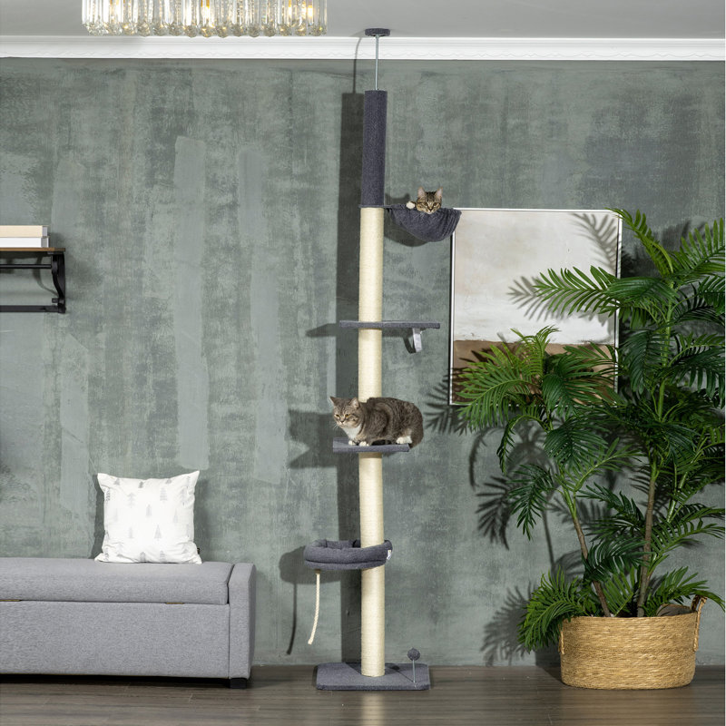 Arbre à chat à plusieurs niveaux, arbre à chat du plancher au plafond, tour d'escalade à 5 niveaux, hauteur réglable de 95 po à 106 po