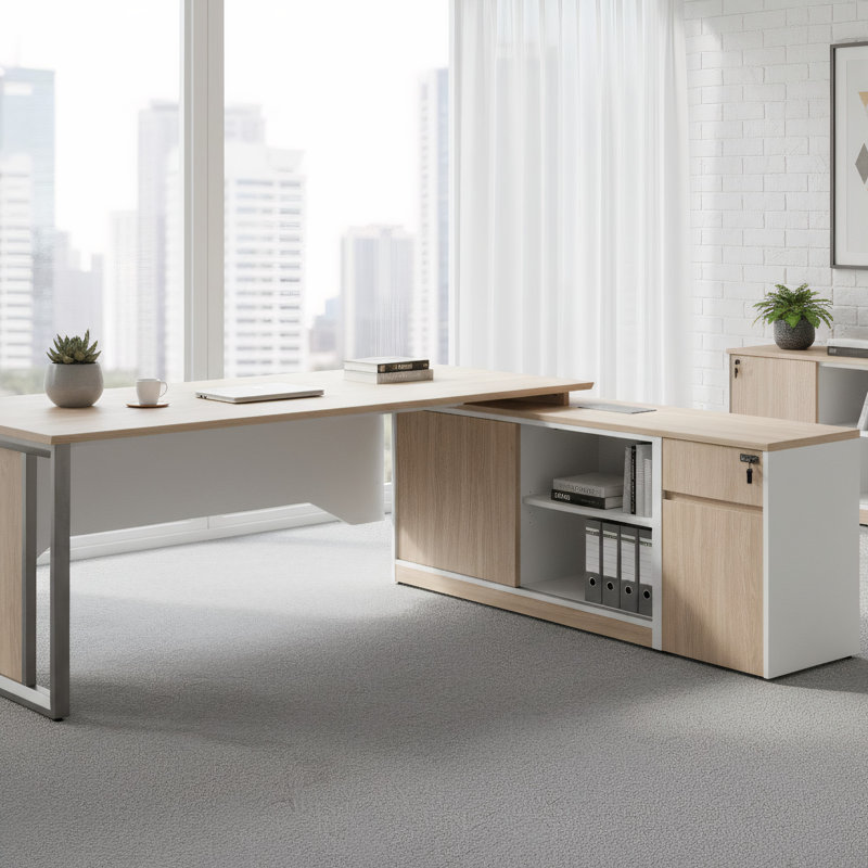 Bureau de direction moderne en L avec rangement intégré - finition bois et blanc 2000