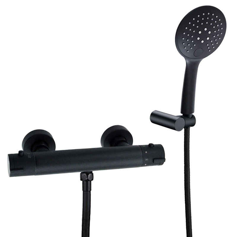 Heile Black Thermostatic Shower Mixer Valve Combo Round 3 Mode Hand Held Kit with Handheld Shower Head