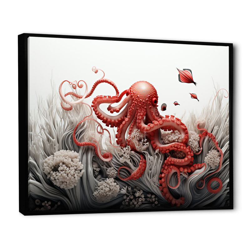 Impression sur toile monochrome corail et pieuvre grise I, Cadre flottant noir, H 12 po x l 20 po x P 1 po