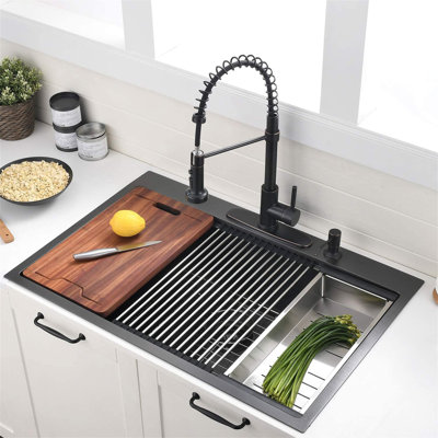 36 Inch Gunmetal Black Drop In Workstation Kithchen Sink -36 "X 22" 16 Gauge Topmount Drop In Single Bowl Stainless Steel Kitchen Sink With Accessories