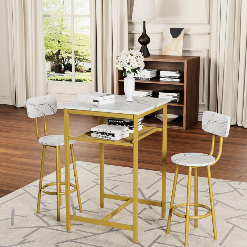 Table à hauteur de comptoir et 2 tabourets, or blanc, design tendance pour les rassemblements sociaux 3 pièces avec tabourets pliables de bar