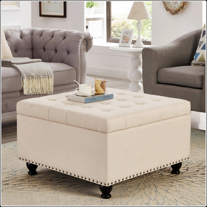 Large square storage ottoman with wooden legs, Upholstered button tufted coffee table, Beige