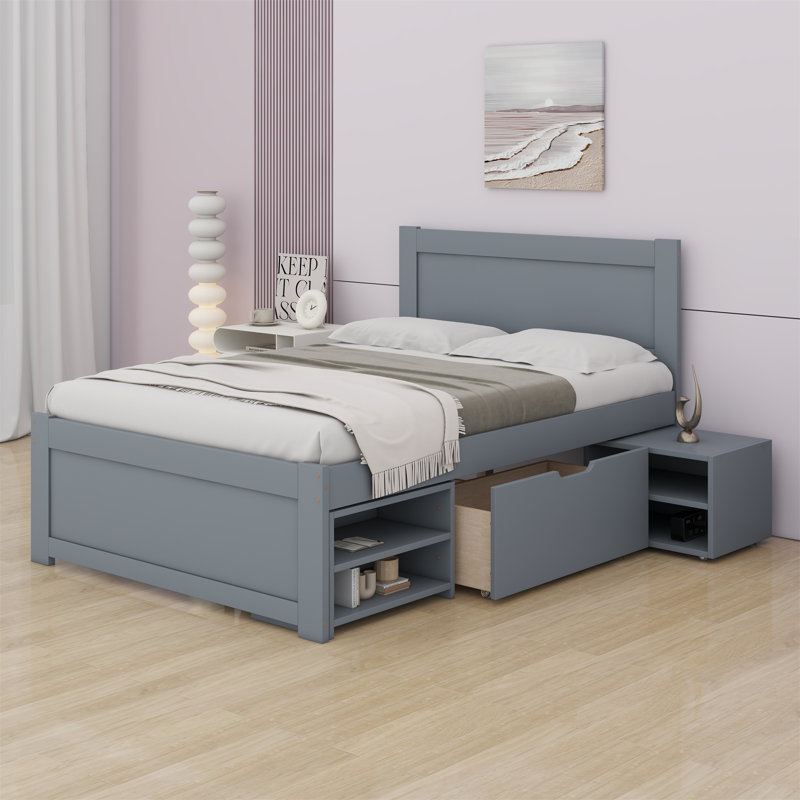 Lit plateforme avec tiroir et deux tablettes, Double , gris