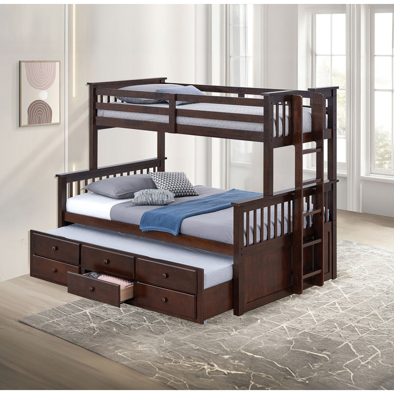 Lit superposé simple au-dessus d'un lit double transitionnel avec échelle et tiroirs sous le lit, Noyer foncé