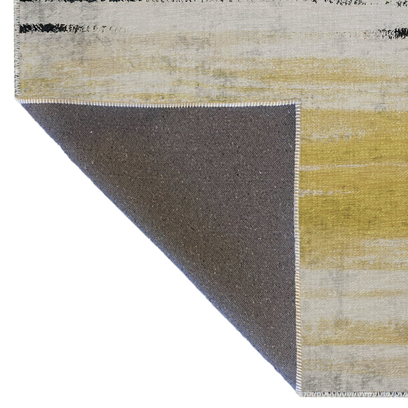 Tapis décoratif moderne jaune-bleu à rayures et vagues, Rectangle 5'1.02" x 7'6.55"
