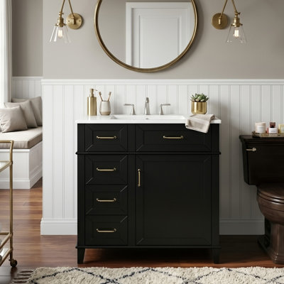 30-Inch Modern Bathroom Storage Vanity With Sink, Transitional Cabinet With Solid Wood Frame And 3 Sorted Drawers, Black/White