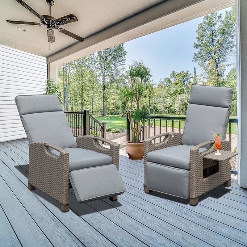 Fauteuil inclinable d'extérieur avec tissé, coussins gris épais de 6,8 po, inclinable réglable, table rabattable pour la relaxation