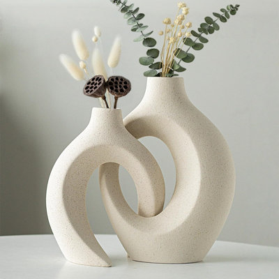 Ensemble de 2 vases creux en céramique faits à la main, blanc cassé mat, style nordique moderne