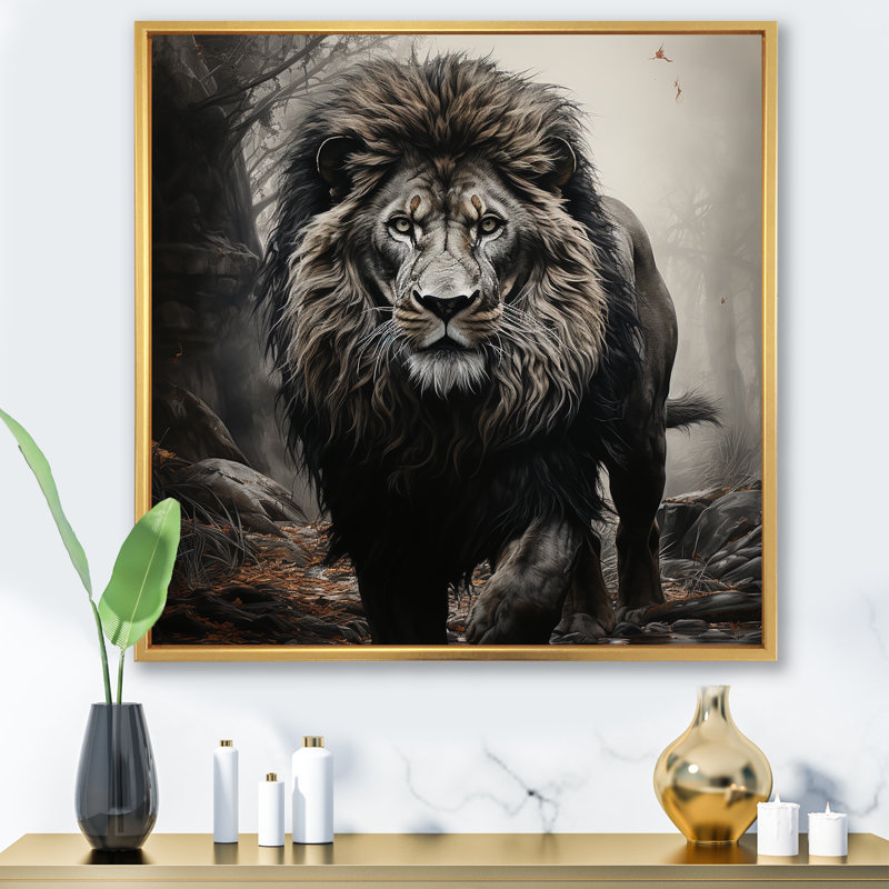 Décoration murale lion ombres de la fierté 2 - Lion, Cadre flottant doré, H 16 po x l 16 po x P 1 po