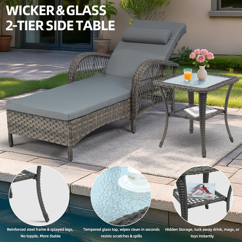 Outdoor Wicker Chaise Lounge Chair, All-weather Pe Rattan Cushioned Patio Lounger Set With Side Table, 6-position Adjustable Outside Pool Sunbathing Recliner With Armrest & Pillow, Gray