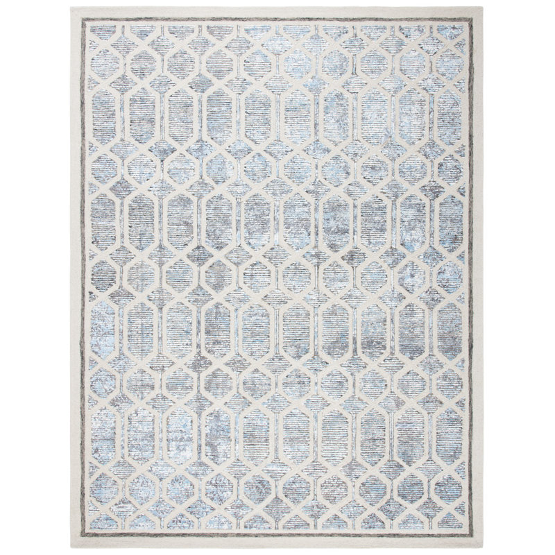 Monhegan Geometric Handmade Tufted Ivory/Blue Area Rug, Rectangle 8' x 10'