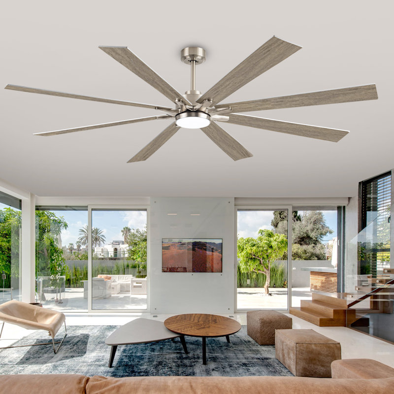 Industrial Smart Fan With 8 Blades, Led Light & Reversible Motor, 72" Wide, Nickel, Oak Wood