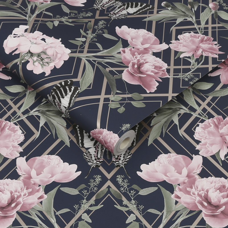 Azhanae Floral Metallic Wallpaper Double Roll, Navy/Pink