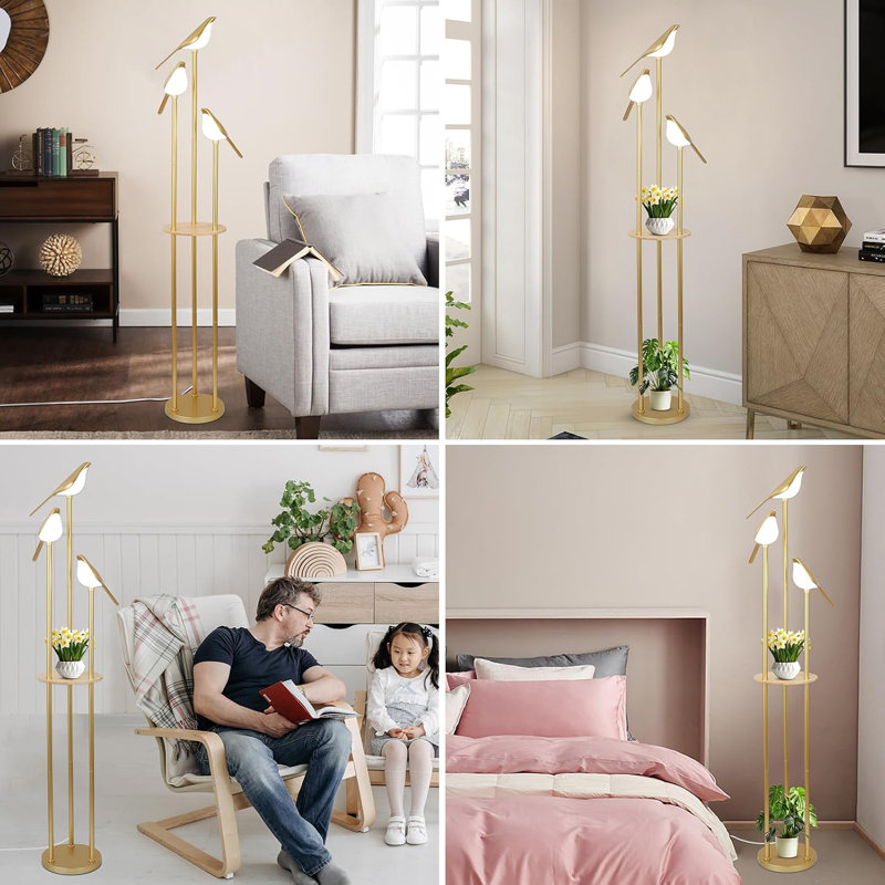 Modern Gold Floor Lamp With 3 Adjustable LED Bird Lights, Mid-Century Standing Lamp With Wood Shelf, Tall Corner Lamp For Living Room, Bedroom, Kids Room