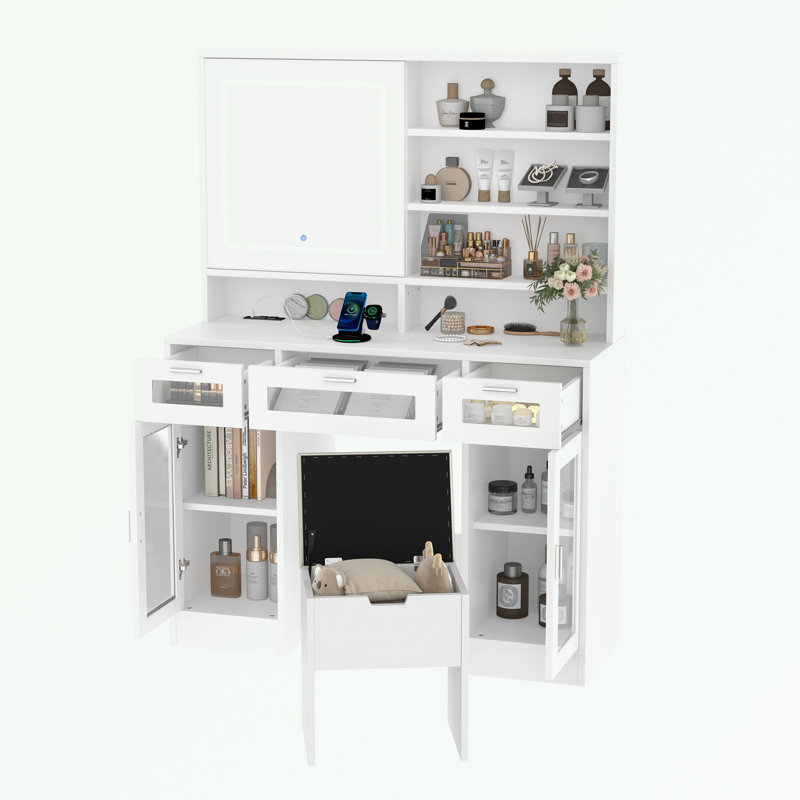 Coiffeuse de maquillage avec miroir coulissant, 3 tiroirs et 2 armoires RVB