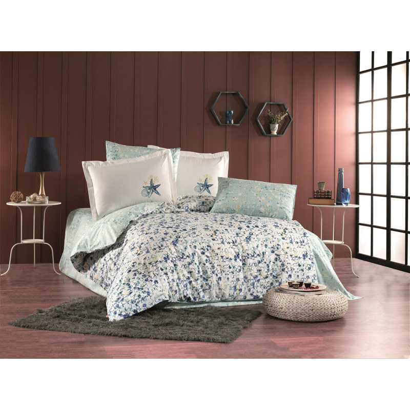 Ensemble de housse de couette 100% coton Haings blanc / vert / bleu, Housse de couette 63 "x 87" + 2 pièces supplémen