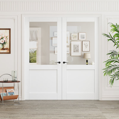 Porte intérieure semi-vitrée en verre clair, portes françaises en MDF CARB P2 et verre trempé SGCC, quincaillerie noire mate - poignée de porte avec serrure, loquet et charnières, préfinie et imperméable, garde-manger, chambre, salle de bain et placard, teinture facile à faire soi-même, 183 cm x 203 cm