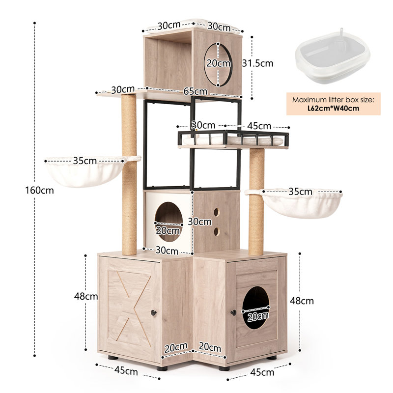 Arbre à chat de 63 po avec bac à litière, coussin lavable, poteaux à griffer de 7 cm d'épaisseur, compartiments de rangement intelligents et interactifs, maison multifonctionnelle de style américain, boîte incluse, coussin amovible,