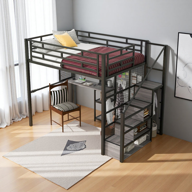 Lit mezzanine double en métal avec garde-robe, bureau, tablettes de rangement, Noir