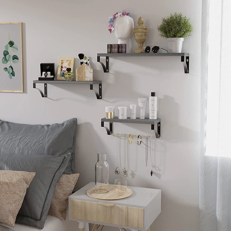Addiena 3 Piece Paulownia Solid Wood Floating Shelf, Grey