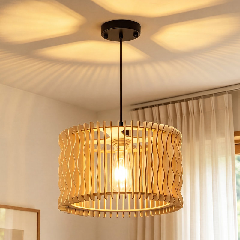 Luminaire suspendu en bois noir mat 1 lumière à hauteur réglable avec abat-jour cylindrique en bois naturel