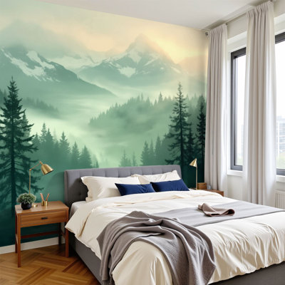 Cottagecore Peel and Stick Wallpaper Misty Mountain Landscape Forest Evergreen Trees Wall Murals 100"H x 144"W Removable PVC Wall Paper Self-Adhesive Wall Paintings Art Decor for Bedroom Living Room