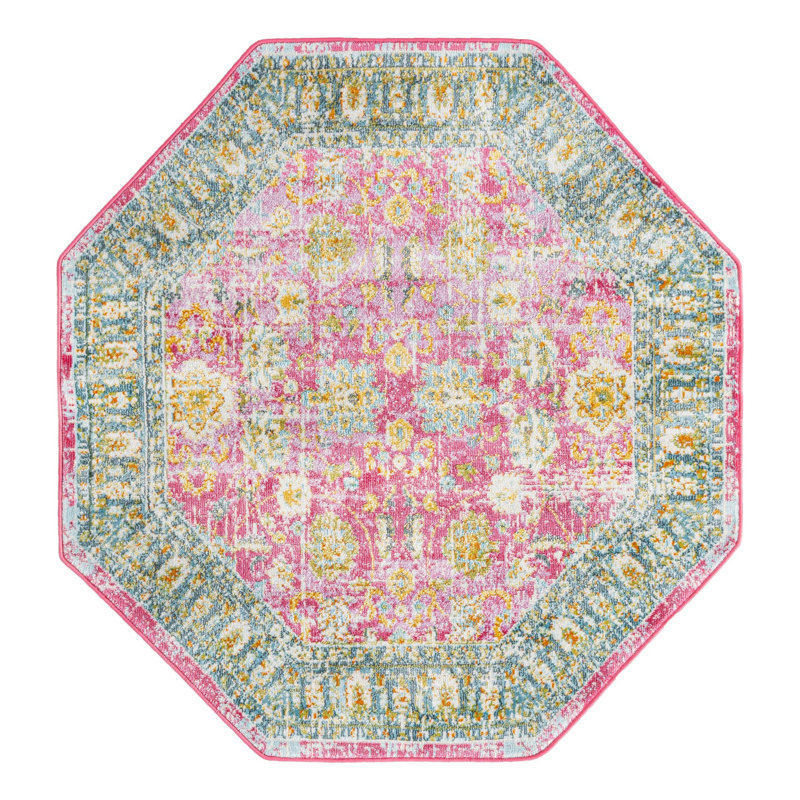 Tapis rose en polypropylène tissé à la machine Haefner, Octogone 4 pi x 4 pi
