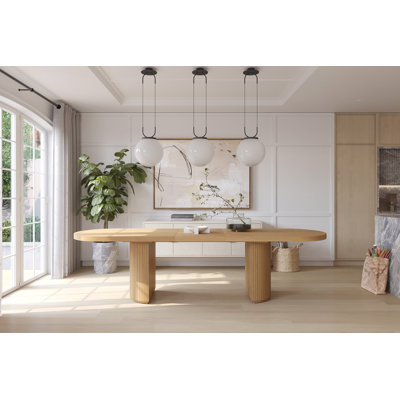 90-110” Extendable Oval Dining Table, Mid Century Modern Double Pedestal Table, Seats 6-8, Light Oak Wood, Hidden Extension Leaf